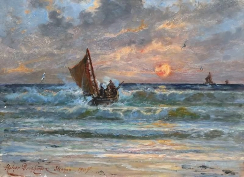 Vista sul mare con il sole che tramonta su una barca da pesca nei frangenti 1904