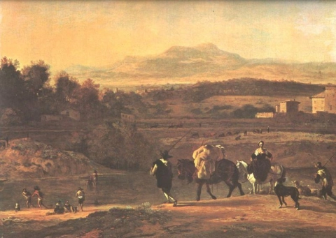 Paisagem de Dujardin Carel com camponeses trabalhando na margem de um rio