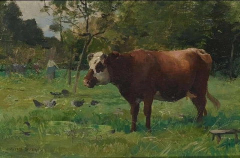 Una vaca en el pasto con una lechera en la distancia