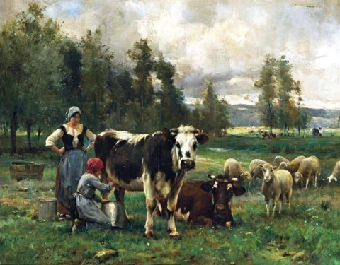 牧場の牛乳を注ぐ女たち