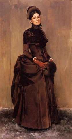 Elizabeth Boott Duveneck em vestido preto movimentado de 1880 segurando regalo 1888