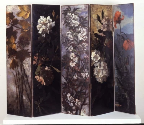 Paravent mit Herbstlaub, Apfelblüten, Rhodondendren und Mohnblumen, 1882