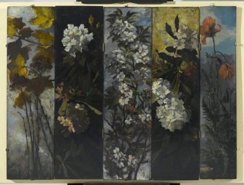 Tela dobrável com folhagem de outono, flores de maçã, rododendros e papoulas 1882 1