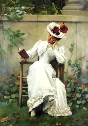 Dame med bok i hagen 1892