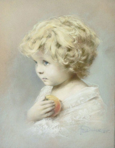 リンゴを持つブロンドの房の肖像画