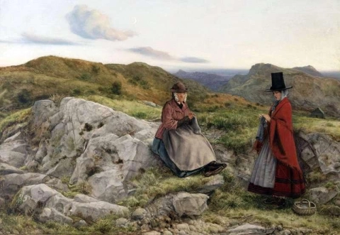 Paesaggio gallese con due donne che lavorano a maglia