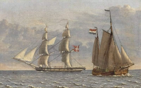 一艘丹麦双桅船经过一艘荷兰小帆船。学习