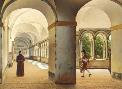 Un monje y un caballero en el patio de la basílica San Paolo Fuori Le Mura 1815