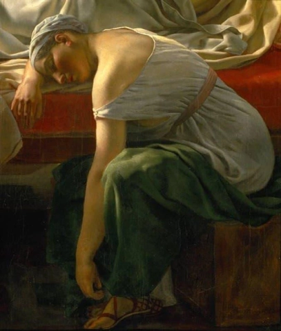 Een slapende vrouw in antieke jurk