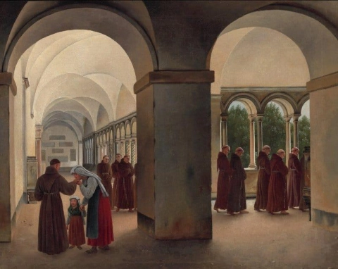 Шествие монахов во дворе базилики Сан-Паоло-Фуори-ле-Мура в Риме