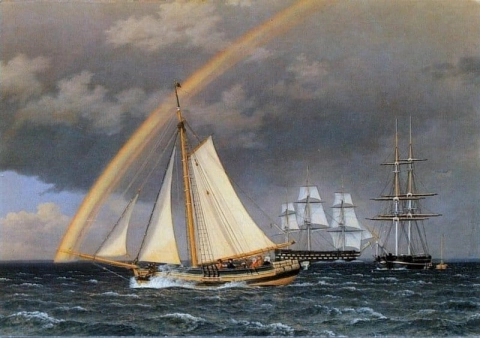 Regenbogen auf See, eine sich kreuzende Yacht mit einigen anderen Schiffen