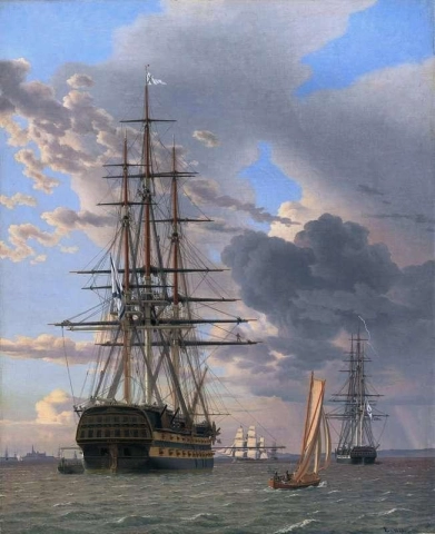 The Russian Ship Of The Line Asow And A Frigate At Anchor Near Elsinore 1828