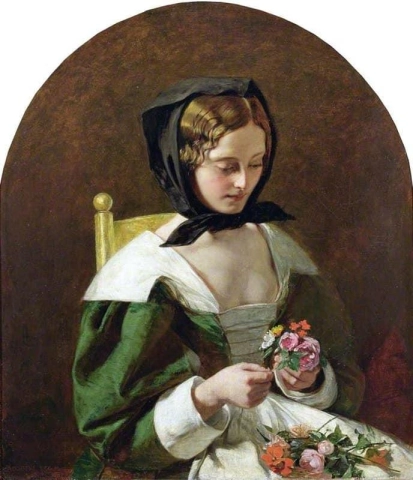 Tyttö tekemässä kukkakimpun 1849
