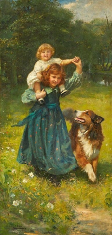 Paesaggi verdi con bambini e cani che giocano
