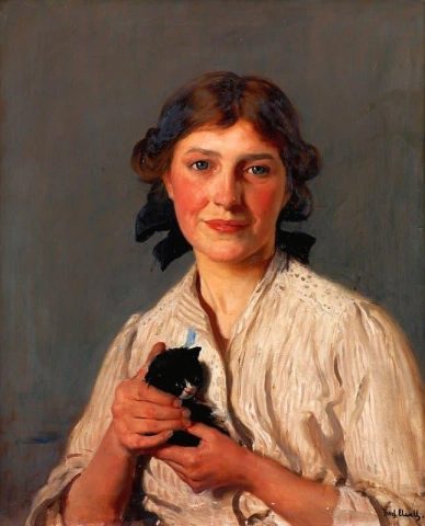 女孩与一只小猫 约 1896 年 1910 年
