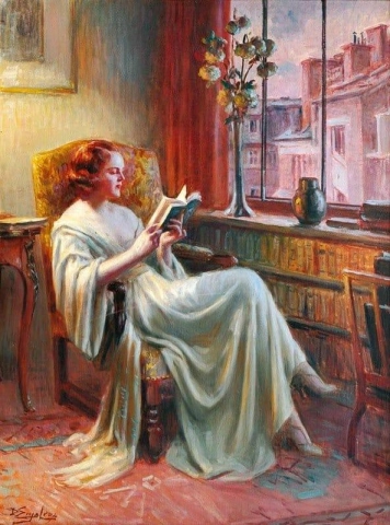 Frau liest am Fenster