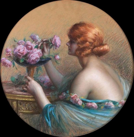 Mulher jovem arranjando rosas