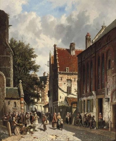 Et travelt marked i en solrik nederlandsk by 1878