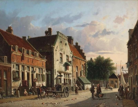 A Busy Street Scene In A Dutch Town