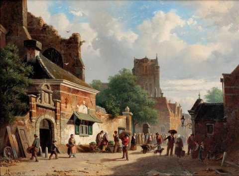 Figuren in einer sonnenbeschienenen Straße Wijk Bij Durstede 1855