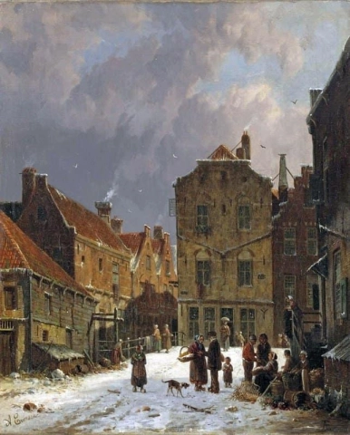 Vendedores de vegetais em uma cidade holandesa coberta de neve, por volta de 1860