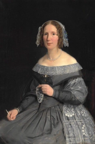 Nuori nainen harmaassa mekossa virkkaustyönsä kanssa. 1847