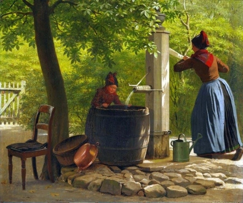 Två flickor från Fan som pumpar upp vatten från brunnen 1896