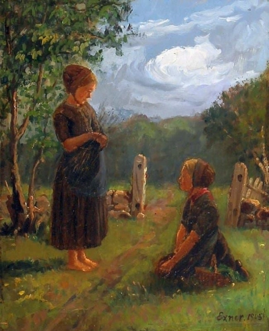 Due giovani vicini si incontrano al confine di un campo 1905