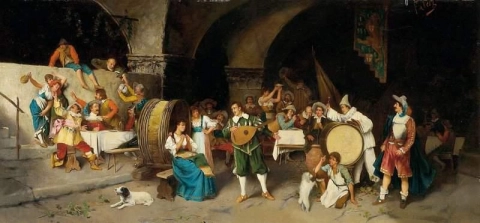 Die Party in der Taverne. Tag in einer Taverne 1880