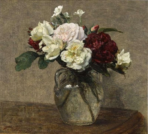 Strauß verschiedener Rosen und Nelken 1878