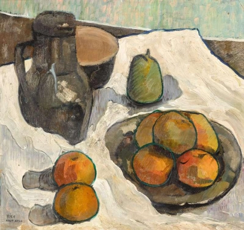 Bodegón de frutas y una jarra