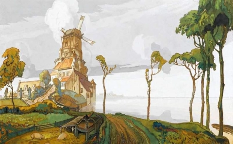 Голландский пейзаж с ветряной мельницей