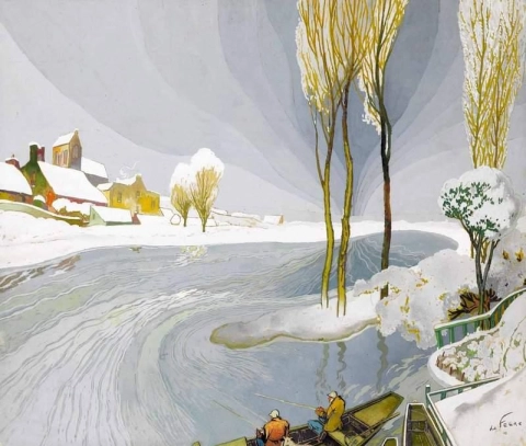 Paesaggio invernale con pescatori, 1920 circa