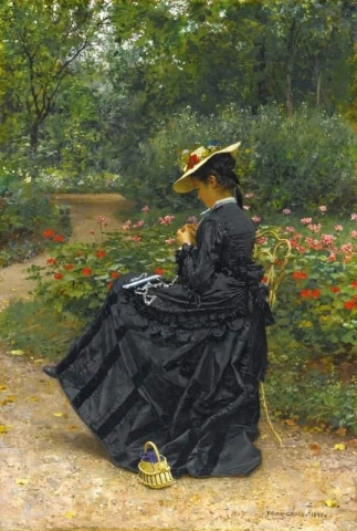 Nainen ompelee puutarhassa 1875