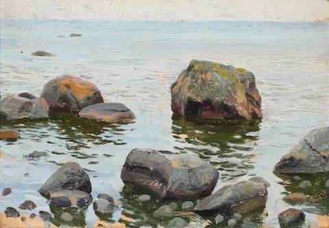 Un boceto de una costa con grandes rocas en el borde del agua.