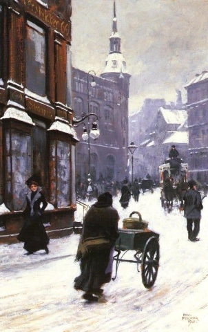 Una escena callejera en invierno Copenhague 1900