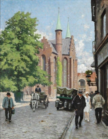 Ein Sommertag in der Skolegade in Aarhus mit der Kathedrale im Hintergrund