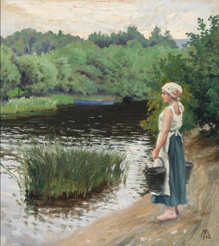 Una mujer joven a buscar agua de un arroyo 1912