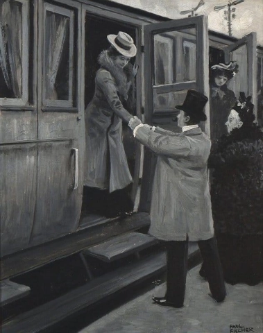 En ung kvinne blir mottatt ved toget