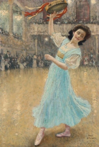 Una giovane donna con un tamburello che si esibisce in una sala da ballo 1910