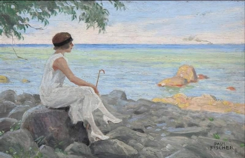 A Young Woman With Her Parasol On The Beach
