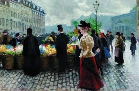 An Elegant Gentleman With A Top Hat Is Buying Flowers At H Jbro Plads Before 1902