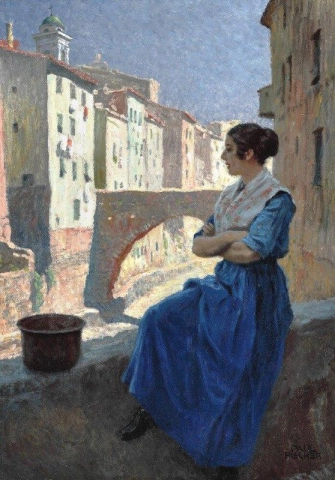 Uma mulher italiana faz uma parada em um local sombreado perto de uma ponte em San Remo