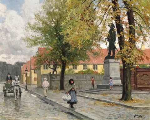 Herfstdag in Nyboder in Kopenhagen met het standbeeld van Christian IV