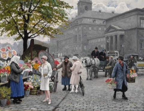 Busy Day At The Flower Market At H Jbro Plads In Copenhagen. An Elegant Young Woman With A Japanese Parasol Buying Tulips 1929