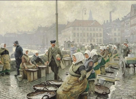 Жены рыбаков продают свежую рыбу на улице Гаммель в Копенгагене, 1923 год.
