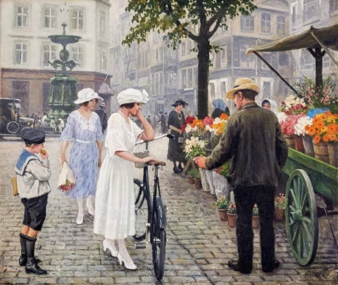 Mercado de flores em H Jbro Plads Copenhagen, cerca de 1920