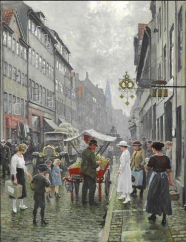 Folk Life In Borgergade With A Man Selling Apples From A Red Cart