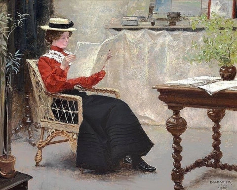 Innenraum mit einem jungen Mädchen, das 1902 liest
