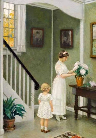 Interior With The Artist S Daughter Musse Arranging Flowers On Sofievej. Her Daughter Greta Is Looking